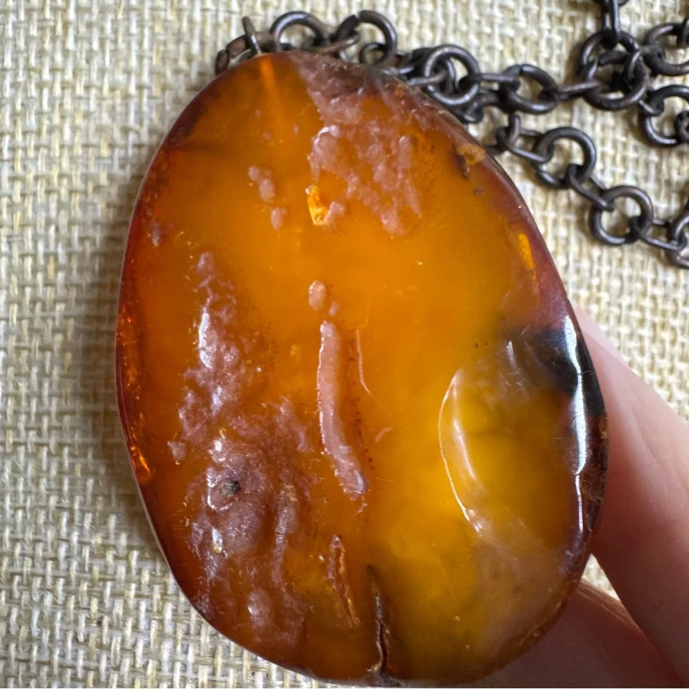 Baltic Amber Free Form Pendant Necklace Butterscotch Honey Antiqued Chain 26” - Picture 7 of 16